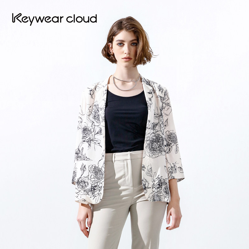 Keywearcloud奇威2025夏季女装桑蚕丝印花新品七分袖薄款外套西装