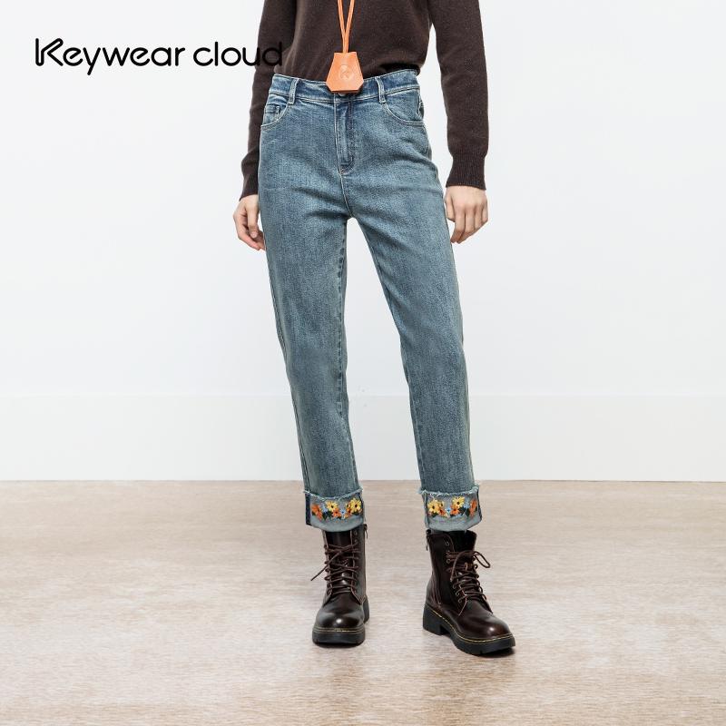 Keywearcloud奇威秋季街头个性小雏菊刺绣牛仔裤女高腰休闲裤长裤
