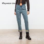 街头个性 小雏菊刺绣牛仔裤 女高腰休闲裤 Keywearcloud奇威秋季 长裤