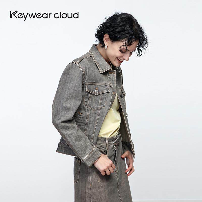 Keywearcloud奇威秋季新款翻领个性牛仔显瘦单排扣浅色长袖外套女