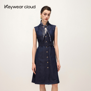 单排扣无袖 领中长款 连衣裙气质礼服裙 西装 Keywearcloud奇威秋季