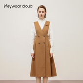 Keywearcloud奇威绵羊毛秋冬英伦风V领双排扣中长裙优雅背心裙