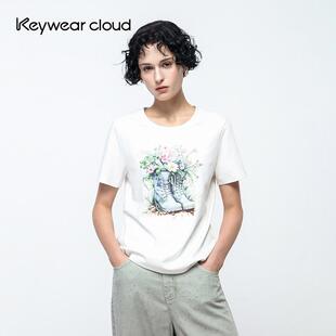 纯棉百搭休闲T恤 上衣花卉印花夏季 Keywearcloud奇威圆领短袖 女装