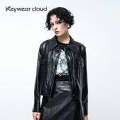 Keywearcloud奇威秋季 外套 潮酷皮衣单排扣长袖 帅气女装 油蜡时尚