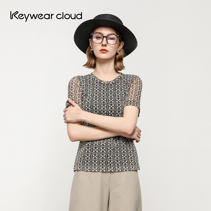 Keywearcloud奇威复古几何知性通勤风网纱印花圆领短袖