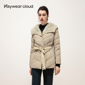 Keywearcloud奇威奢华吸睛大毛绒领系带收腰羽绒服