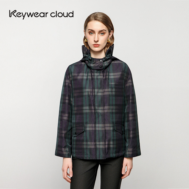 Keywearcloud奇威复古格纹连帽短款风衣女通勤休闲气质百搭