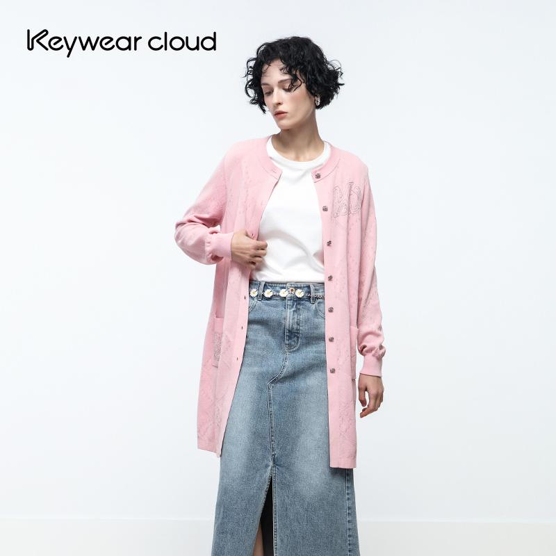 Keywearcloud奇威中长款圆领开衫女镂空长袖宽松针织衫减龄连衣裙