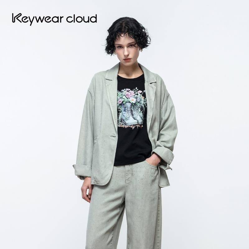 Keywearcloud奇威2025秋季新款灰绿风尚长袖薄款小西装外套女装