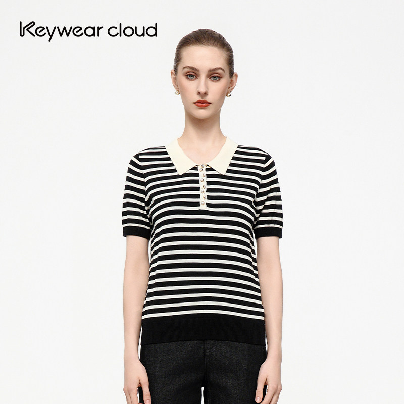 Keywearcloud奇威翻领短袖珍珠纽扣条纹针织上衣