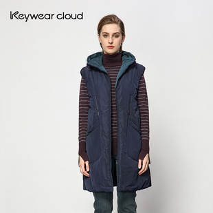 休闲保暖连帽马甲外套 女装 Keywearcloud奇威秋冬无袖 中长款