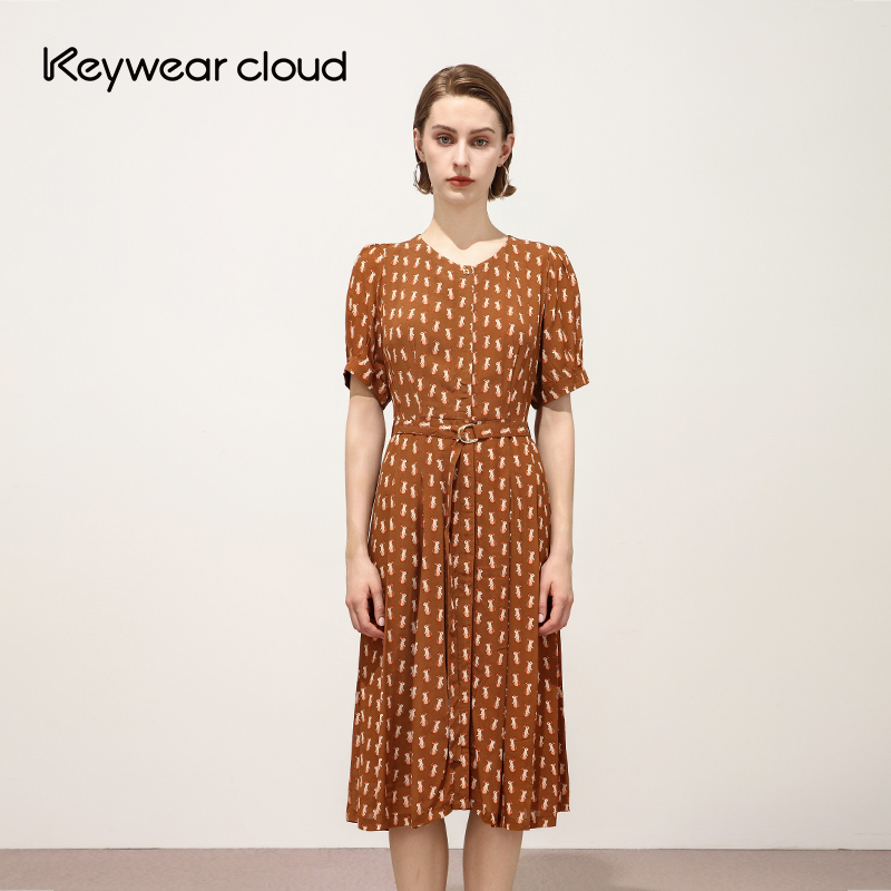 Keywearcloud奇威初秋度假旅游法式泡泡袖兔子印花亲肤舒适连衣裙