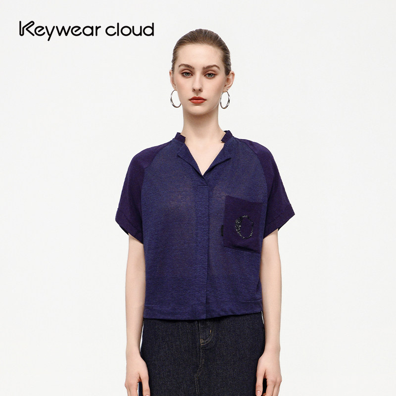 Keywearcloud奇威V领插肩袖衬衫女口袋烫钻短款宽松短袖上衣衬衣