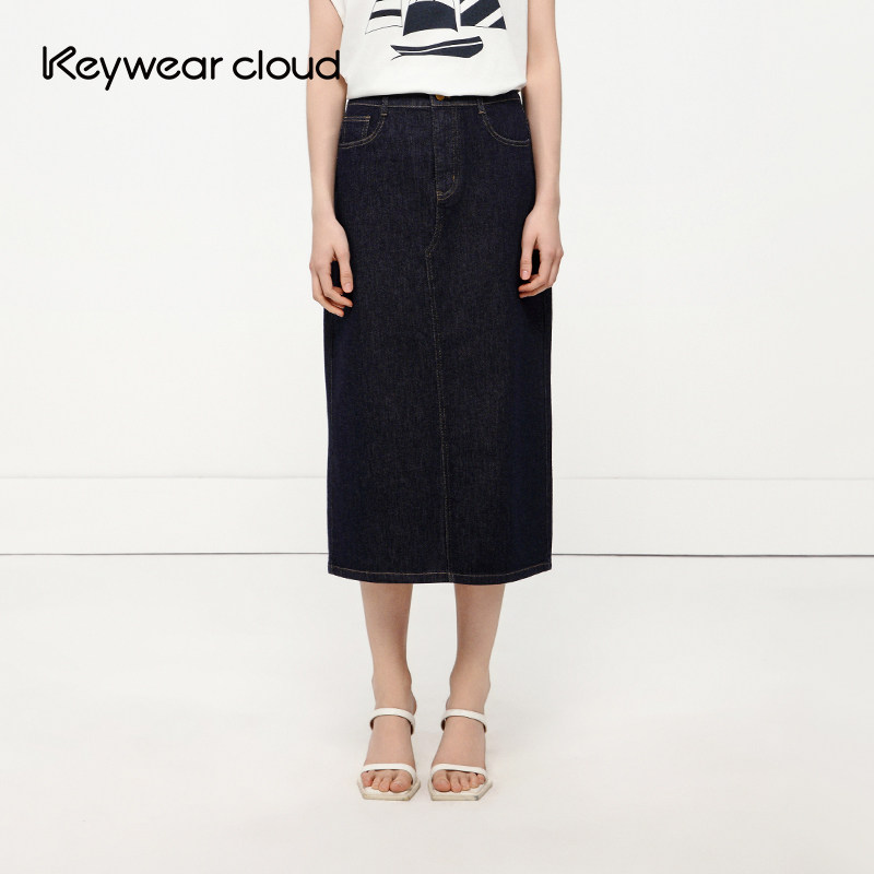 Keywearcloud奇威高腰牛仔半身裙后开叉直筒中长裙复古显瘦百搭