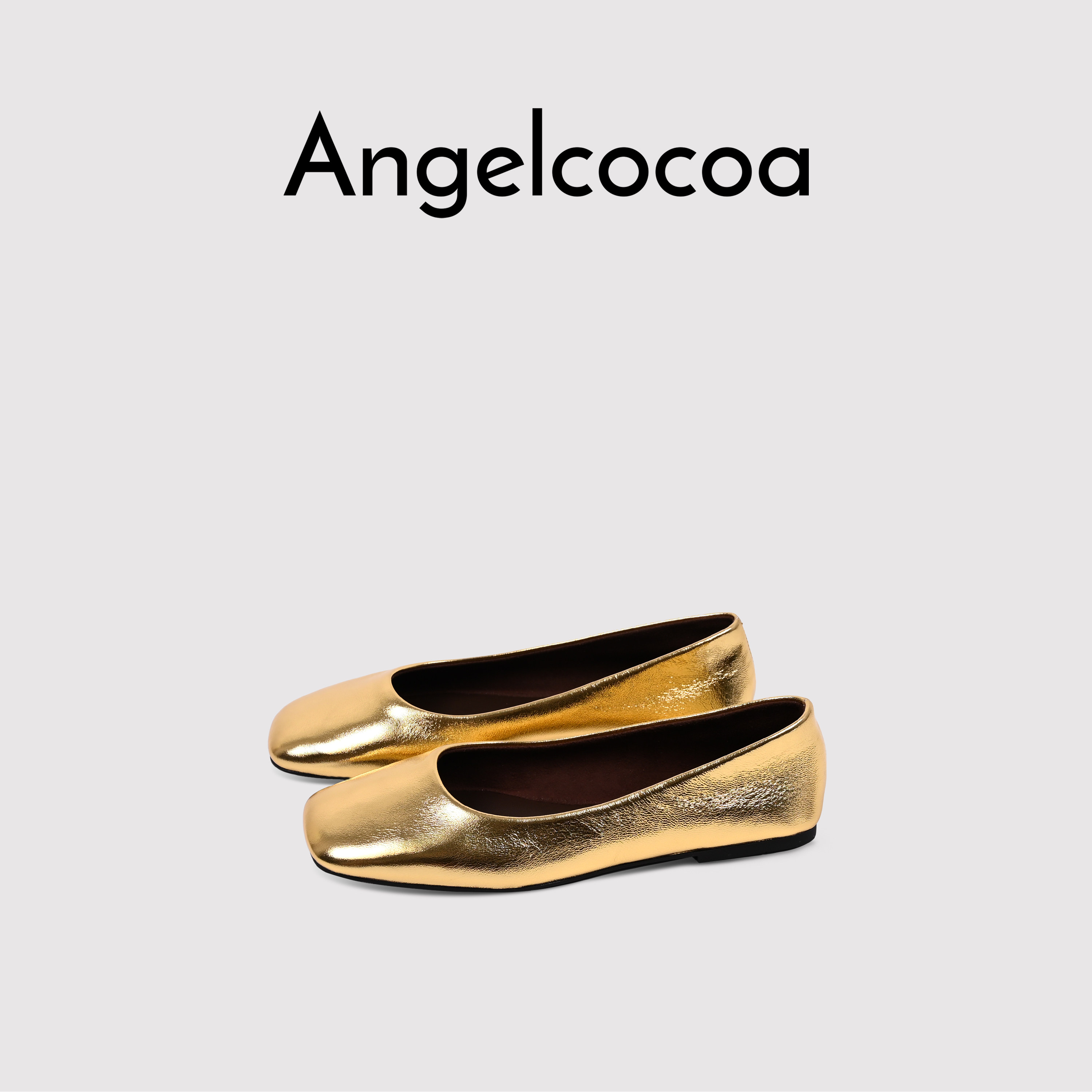 日本Angelcocoa金色方头单鞋芭蕾浅口单鞋女羊皮奶奶鞋女