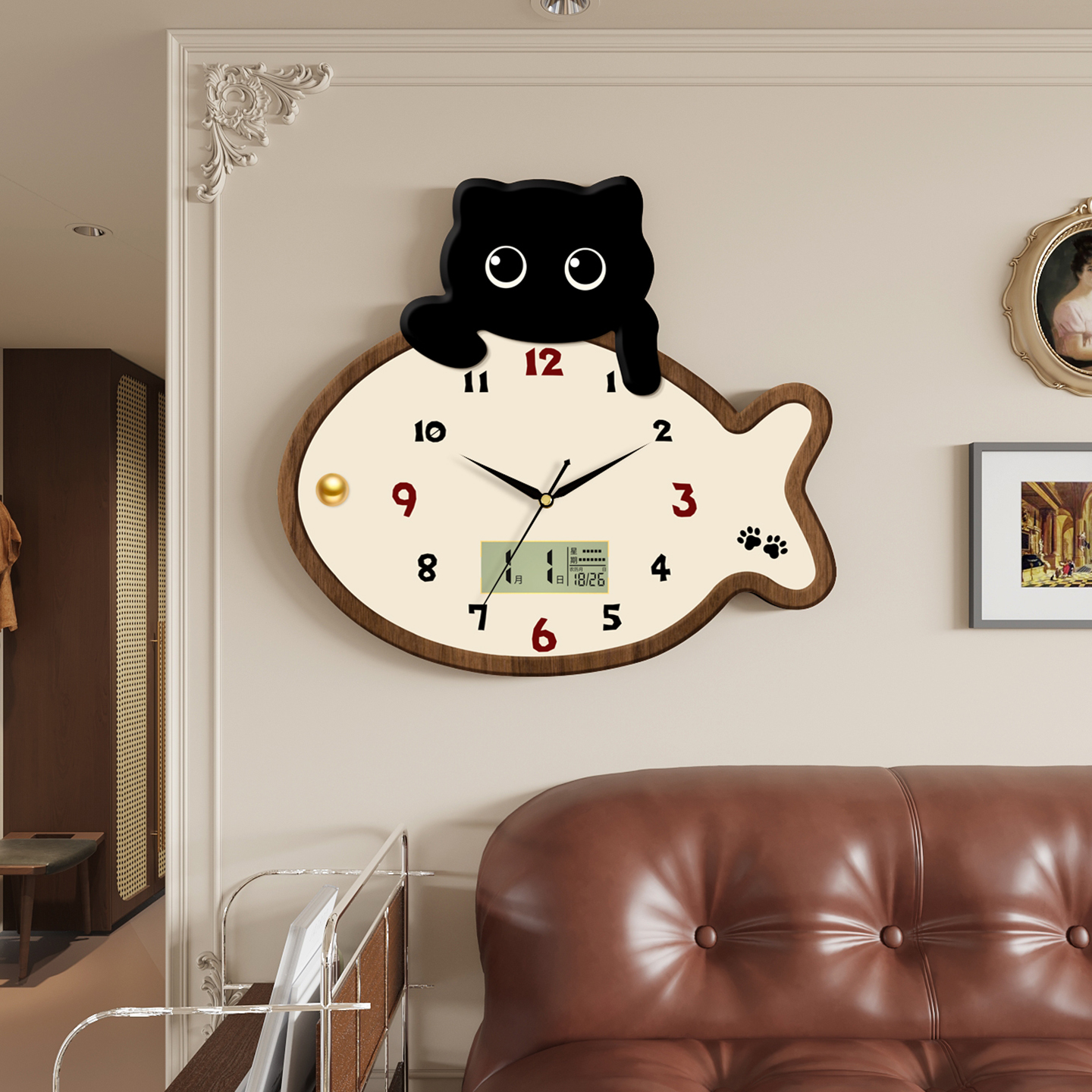 卡通猫咪挂尾巴摇摆挂钟静音挂表