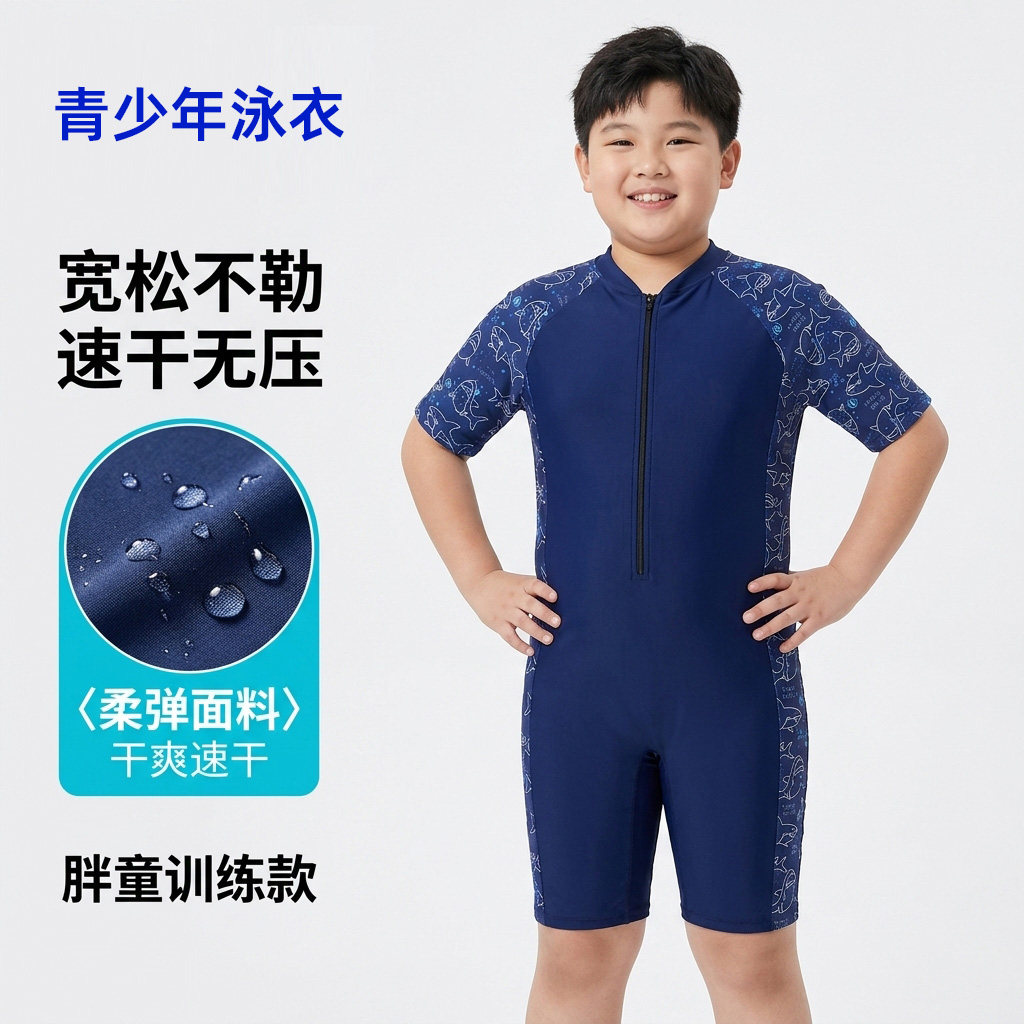 儿童泳衣胖童连体泳衣青少年学生加肥加大中大童速干加大码游泳衣