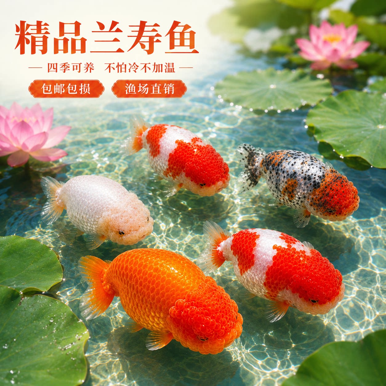 精品兰寿金鱼淡水鱼苗观赏鱼五花奶牛红白兰寿新手好养耐活冷水鱼