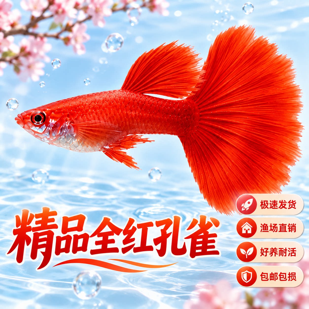 全红孔雀鱼活鱼热带观赏鱼纯种大尾巴凤尾鱼小型淡水好养耐活鱼苗图片