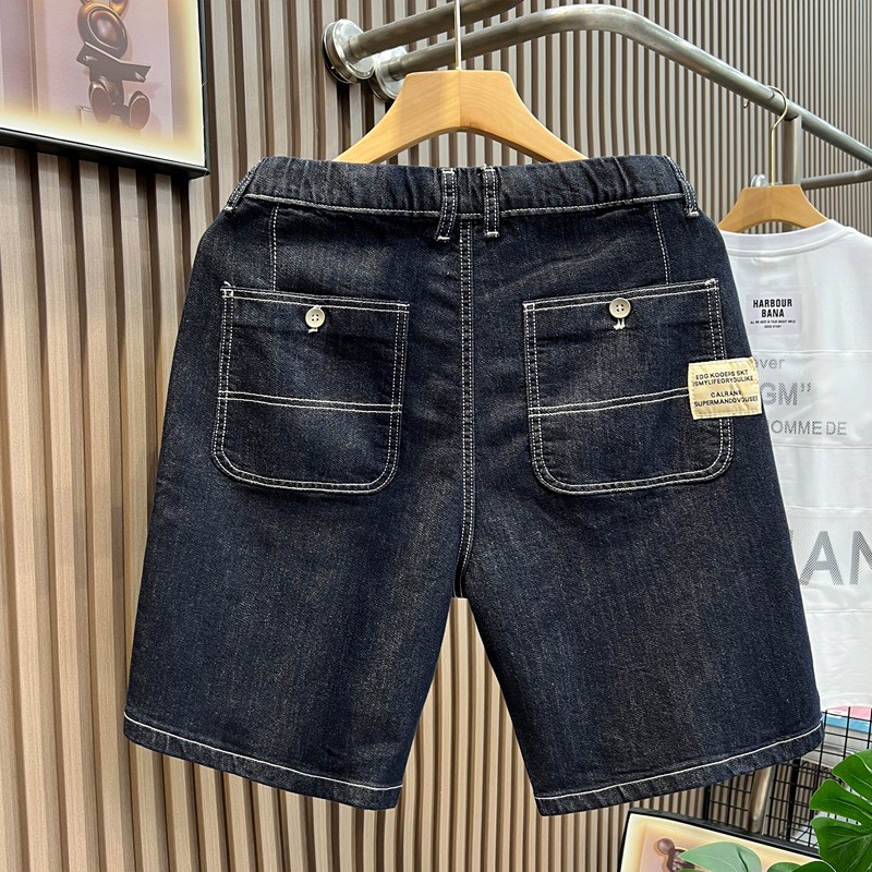 潮牌黑色牛仔短裤男工装夏季宽松抽绳中裤美式高街休闲五分裤子男