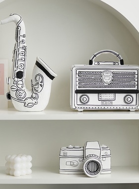 黑白线条收音机模型玄关客厅艺术摆件高级感小众电视柜酒柜装饰品