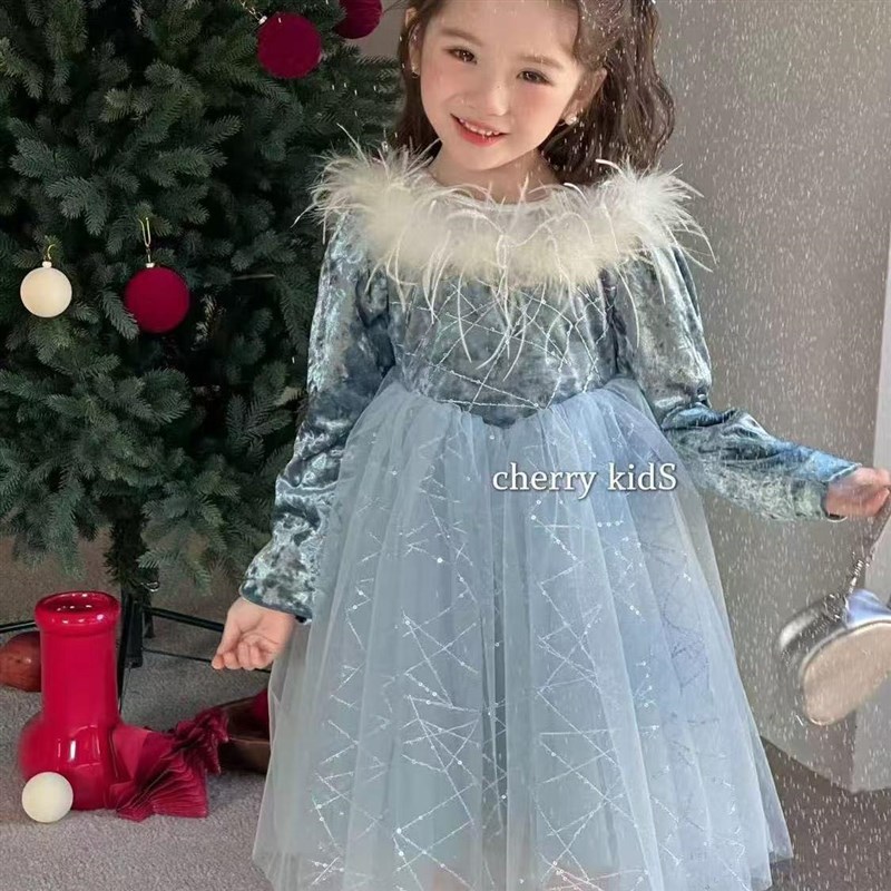女童冰雪公主裙2024秋冬新款女宝宝生日礼服羽毛连衣裙新年装