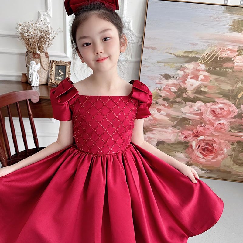 欧式经典缎面酒红色刺绣亮片花童裙小礼服女童宝宝婚宴连衣裙公主