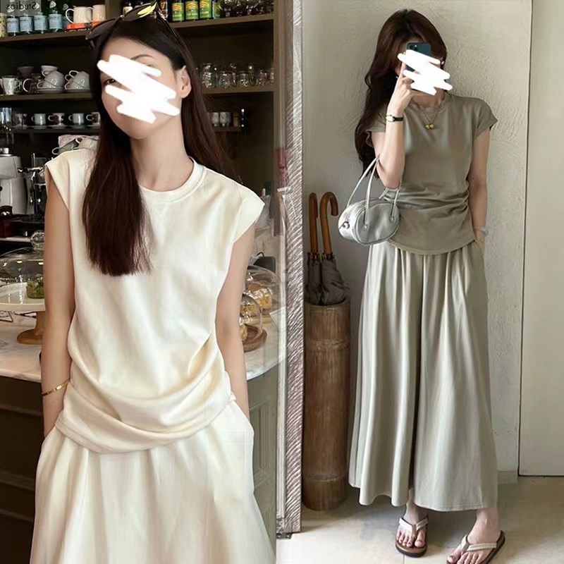 孕妇半身裙套装夏季遮肉小飞袖收腰T恤上衣+半身裙中长款两件套女