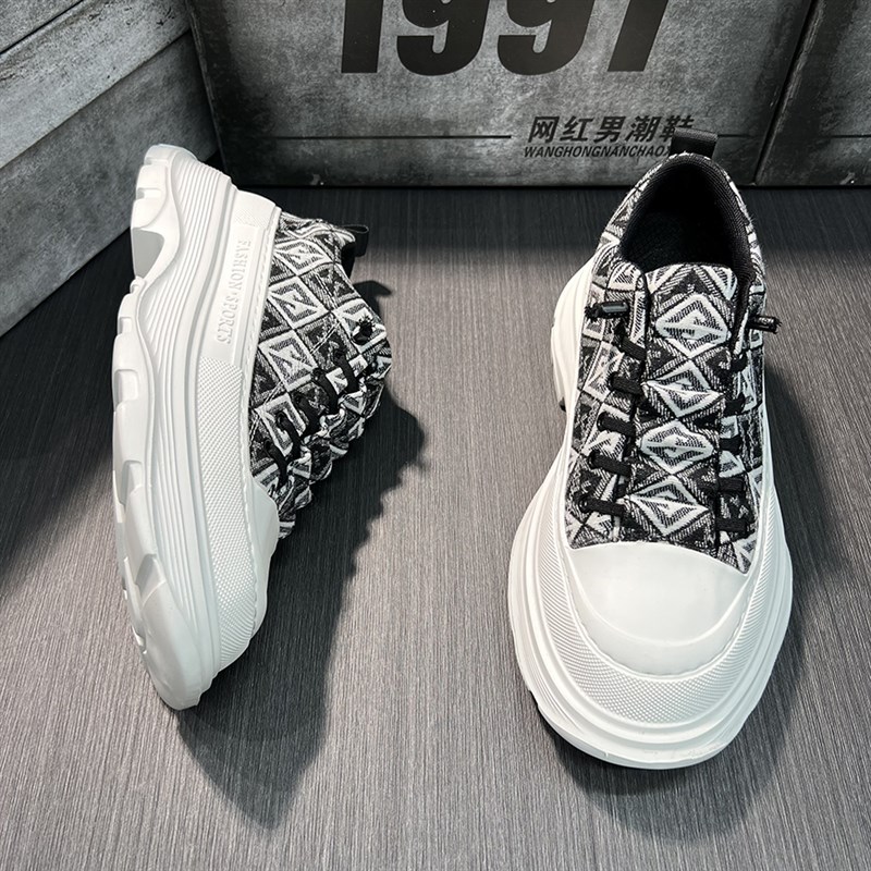 一脚蹬男鞋2024新款秋款透气板鞋潮流百搭布面厚底增高休闲运动鞋