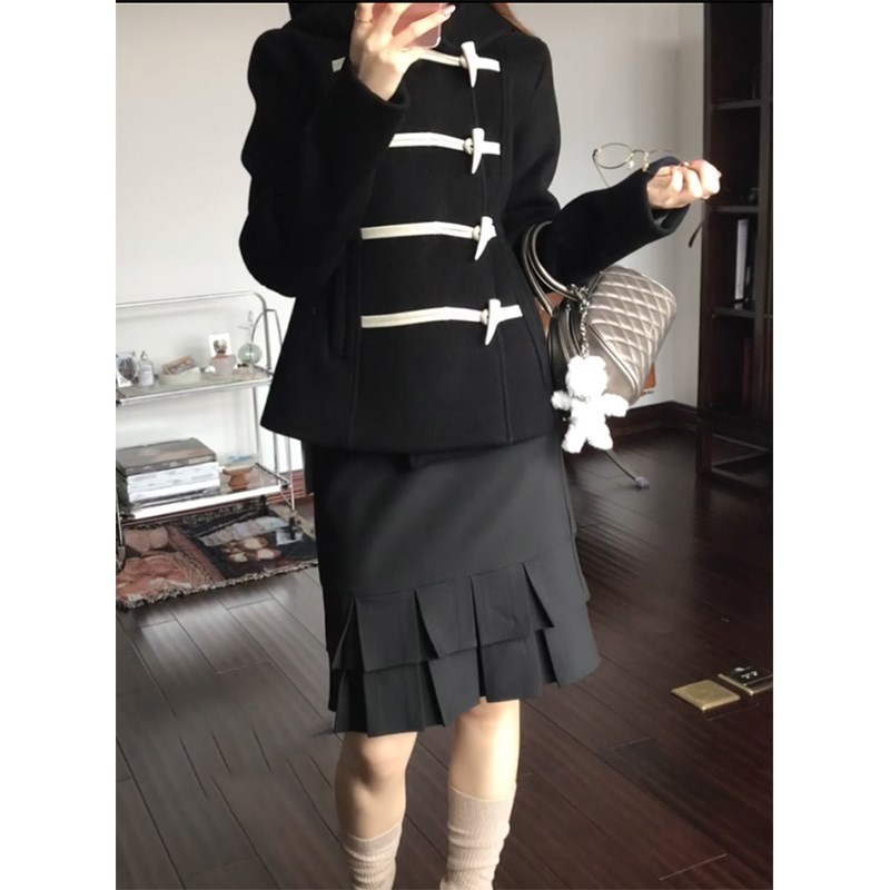 黑色褶皱碎褶花边拼接半身裙女设计感H高腰包臀显瘦西装鱼尾短裙