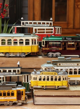 复古怀旧铁艺有轨电车模型手工创意民宿橱窗书房装饰工业风摆件