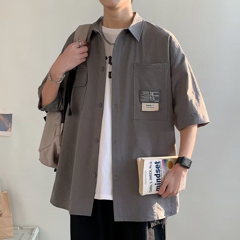 特大码300斤美式复古绣标工装短袖衬衫男款夏季宽松百搭衬衣外套2