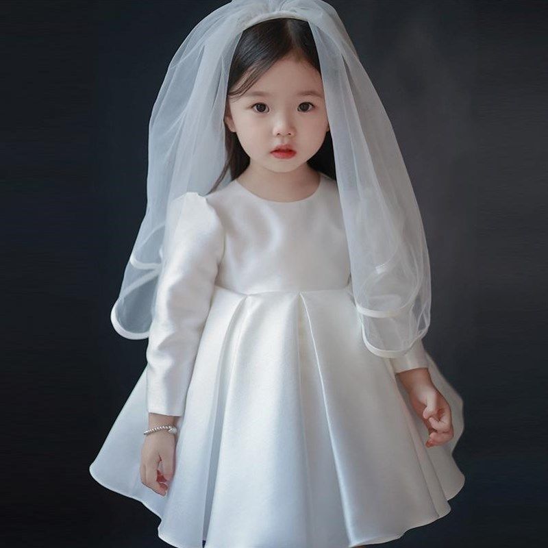 儿童长袖生日礼服花童婚礼小女孩婚纱公主裙缎面花嫁蓬蓬连衣裙子