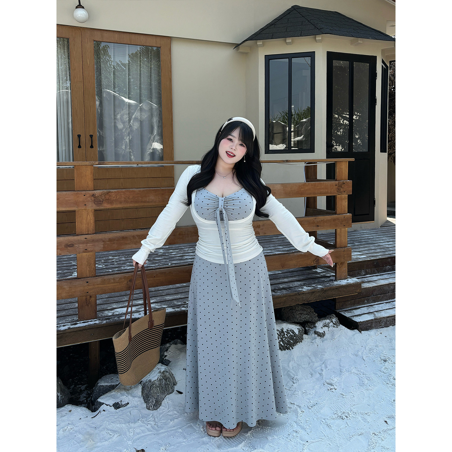 B-babes【奶糖雾蓝】纯欲风紧身波点长袖纽结飘带收腰包臀裙套装,女装/女士精品,大码套装,淘宝优惠券,粉丝福利购,淘宝优惠卷