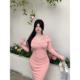 babes 甜嗲少女 粉色少女感带胸针露肩长袖 连衣裙修身 显瘦裙
