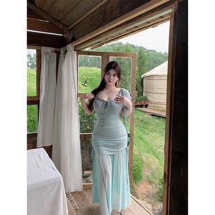 精致假两件微胖收腰显瘦网纱方领甜美度假裙子 babes 栀子香