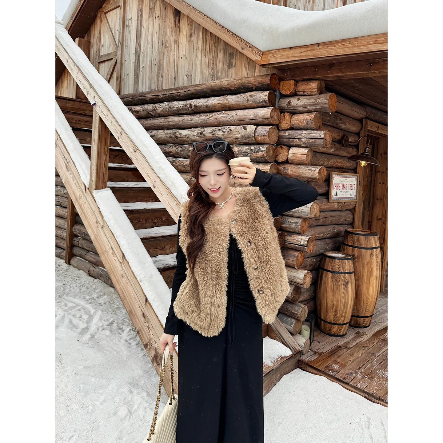 B-babes【暖棕马甲】2025新款环保皮草秋冬外穿肌理感羊羔毛马甲