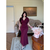 紫韵迷人 babes 纯欲风v领褶皱性感连衣裙微胖显瘦辣妹包臀裙