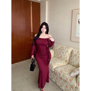 连衣裙气质显白长裙微胖修身 斜肩长袖 酒渍玫瑰 包臀裙 babes