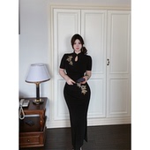 国风刺绣旗袍裙微胖收腰显瘦气质复古长裙 新中式 babes 金竹