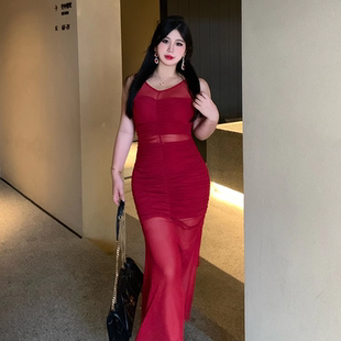 高级小众网纱无袖 法式 花影迷离 连衣裙红色微胖包臀裙 babes