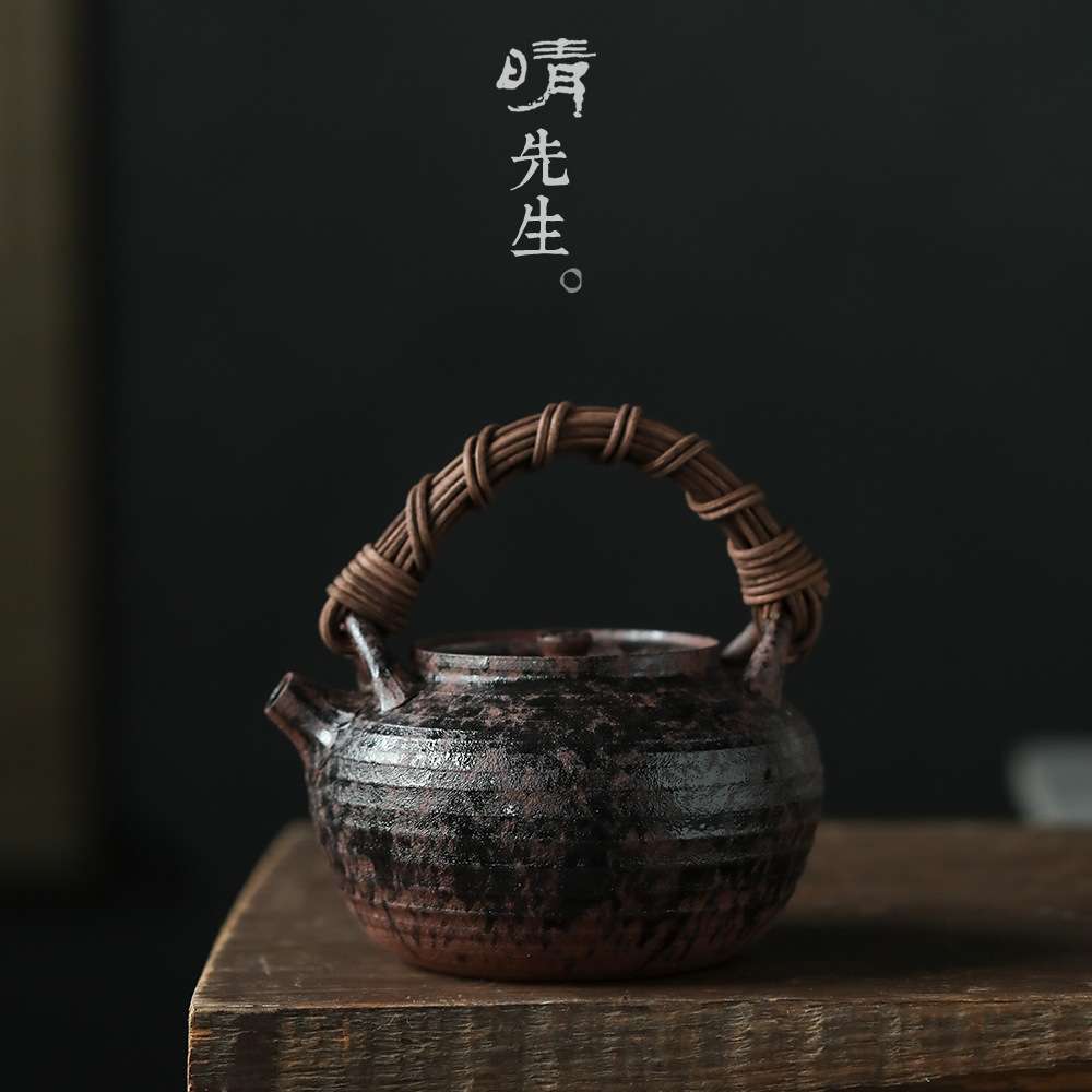 功夫道紫砂泥煮茶壶藤编提梁壶宜兴紫砂茶壶电陶炉炭火藤把烧水壶