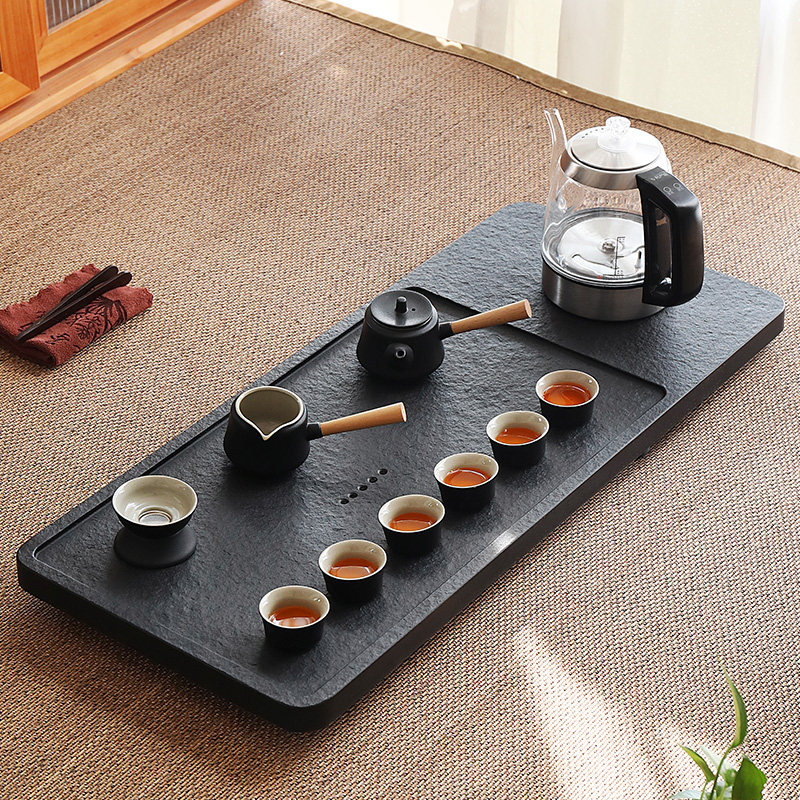 天然乌金石茶盘整块电磁炉一体式茶具套组小型家用简约排水火烧石