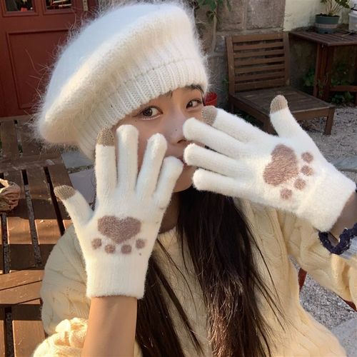 陈奶奶爪印毛绒柔软手q套女款冬季保暖户外骑行猫爪五指全指手套