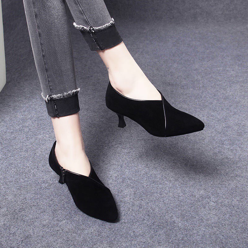 高跟鞋女细跟法式气质高级黑色不累脚尖头深Q口复古磨砂绒面职业
