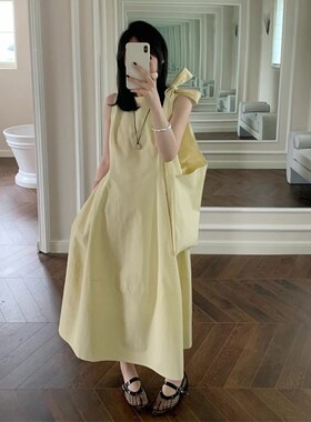 2025春夏收腰a字背心裙女w极简无袖白色灰紫色中长款棉麻连衣裙子