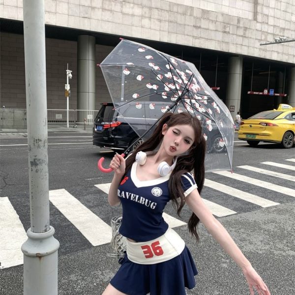 休闲运动套装辣妹印花短款T恤上衣女夏季高腰半身裙子蓝色两件套