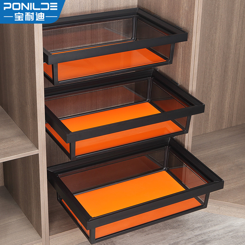 衣柜拉篮抽屉式抽拉篮衣帽间伸缩裤架玻璃家用内置收纳滑轨裤抽架