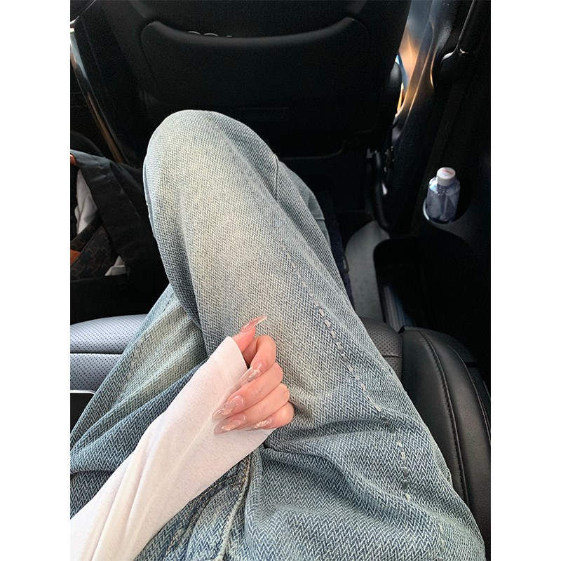 大心水洗做旧直筒牛仔裤女秋季浅色高腰高L街美式复古宽松显瘦长