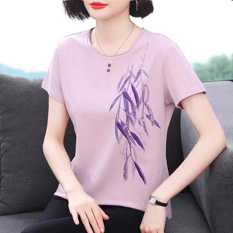 中年妈妈纯棉短袖t恤女装2u025夏装新款印花烫钻宽松小衫洋气上衣